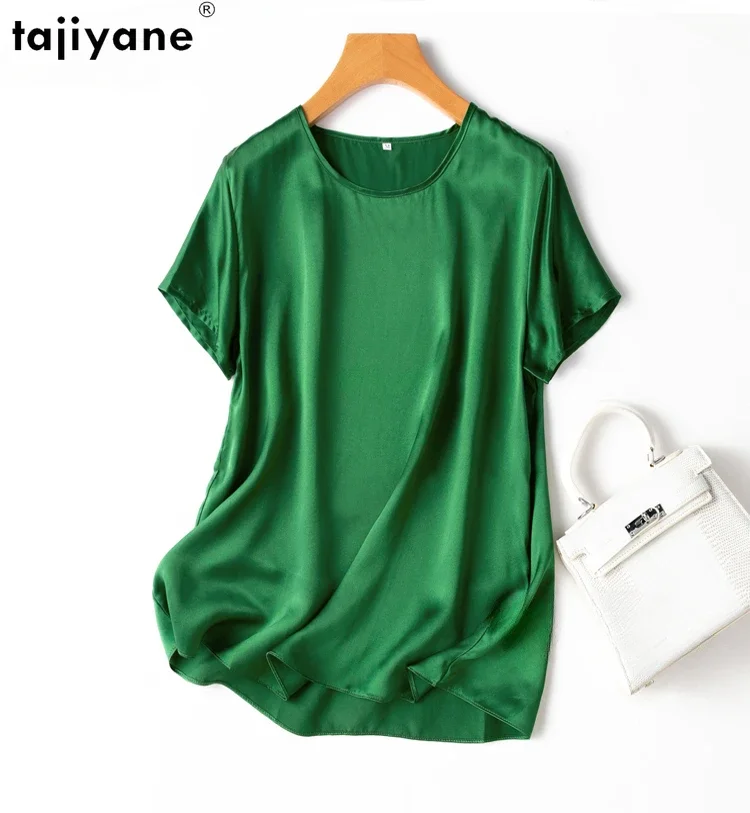 Tajiyane Women 100% Mulberry Silk 19 Momme half sleeve Round Neck Top Shirt Blouse T-shirt More Colors women\'s tops ropa mujer