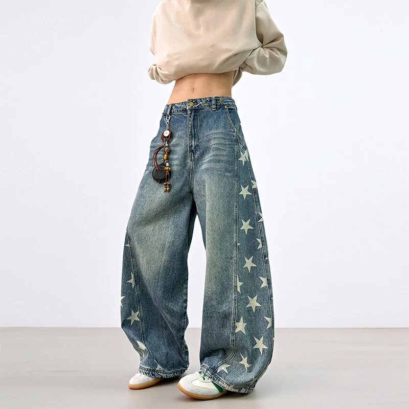 

Американские джинсы в стиле ретро, свободные широкие брюки со звездами и изогнутым ножом, прямые брюки, классические синие универсальные повседневные брюки Highstreet