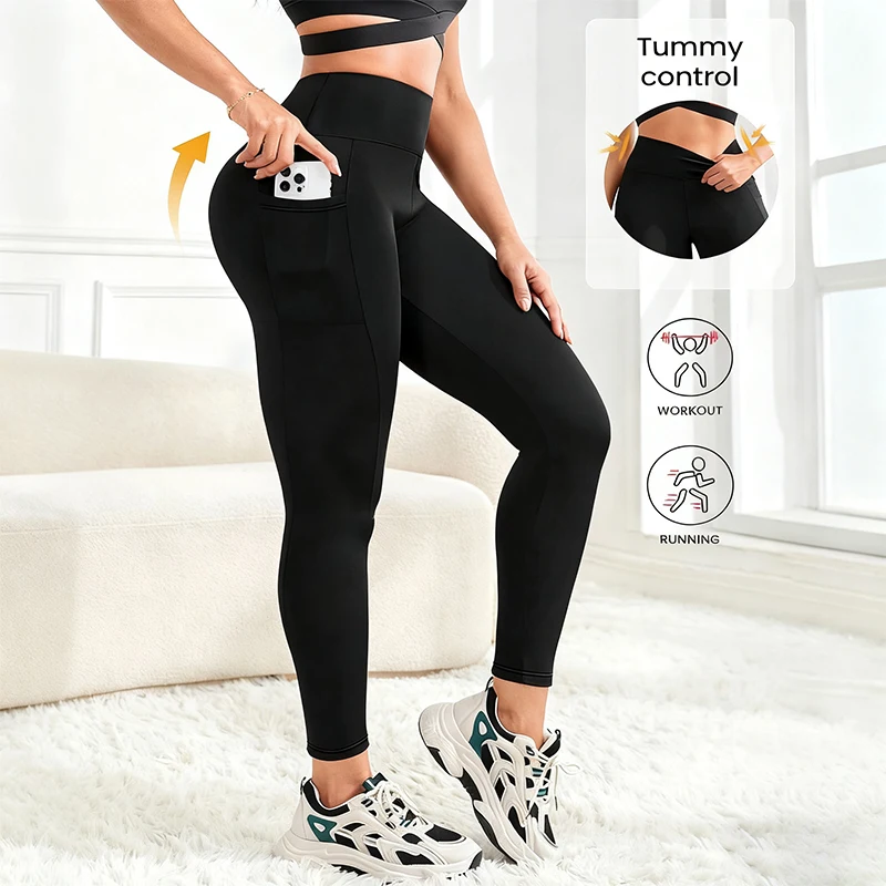 

Женские спортивные леггинсы с высокой талией, утягивающие живот, с эффектом пуш-ап, с боковыми карманами, непрозрачные, эластичные в четырех направлениях, для тренировок в спортзале