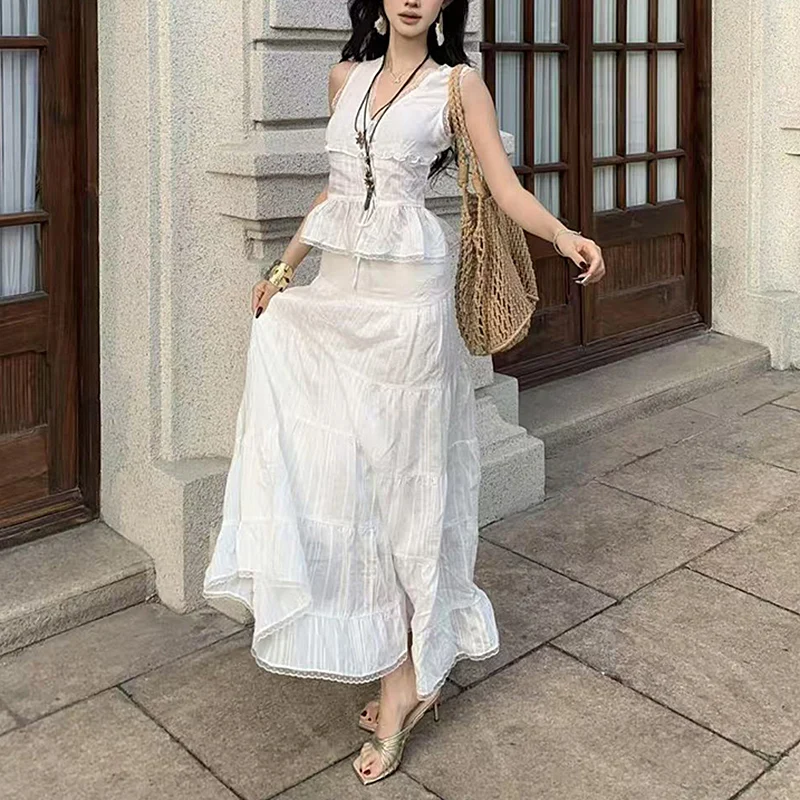 

Elegant White Two Piece Set Women Summer Tank Top High Wiast Long Skirt Party Fashion Holiday Beach Style Outfits