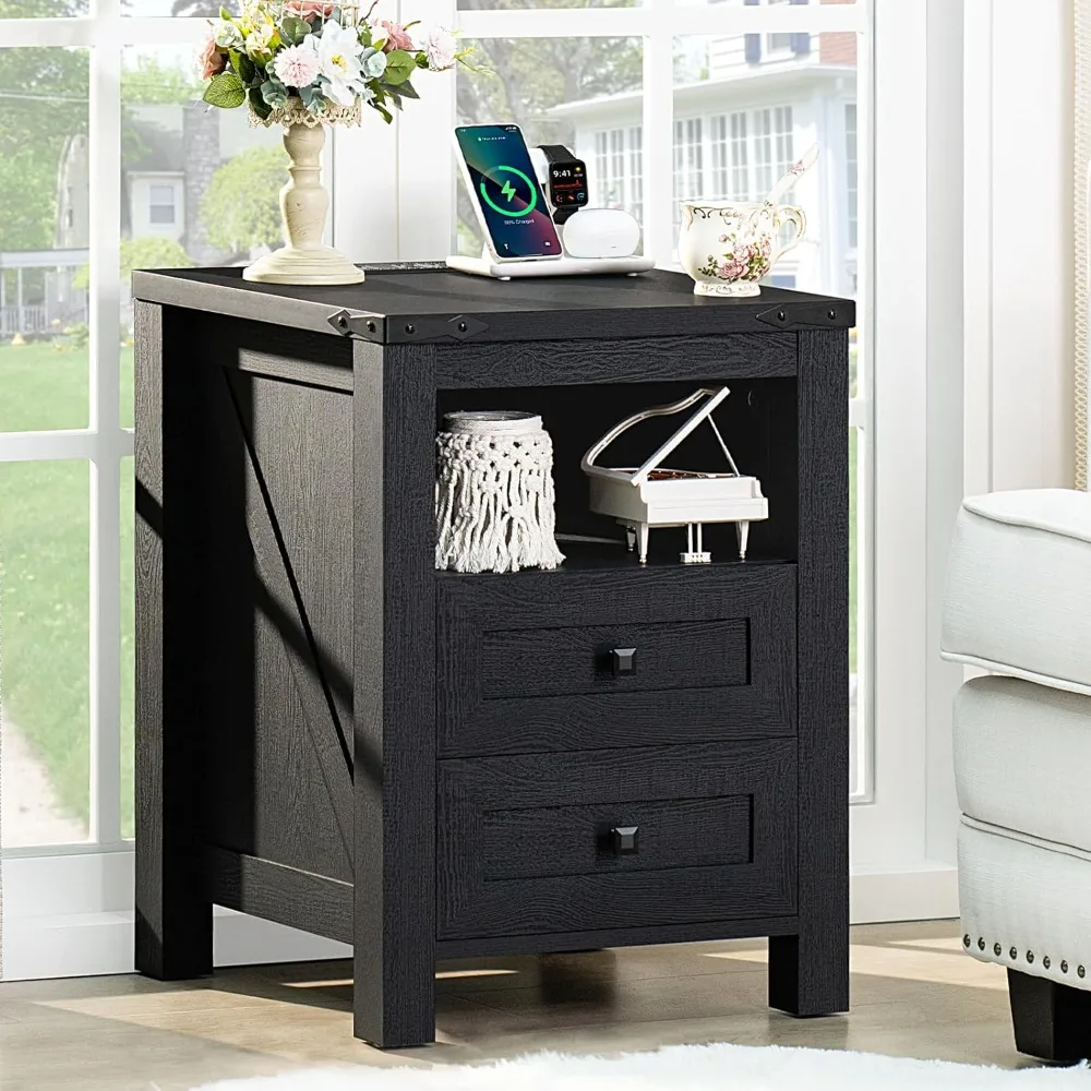 Farmhouse Night Stand with 2 Drawers and Shelf Storage, Wooden,Bedside Cabinet for Bedroom, Living Room, Closet,Office (Black)