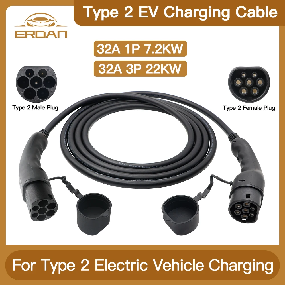 ERDAN 32A EV Charging Cable Type 2 IEC 62196 for Electric Car to Station Male Plug 5 Meters Extension Cord