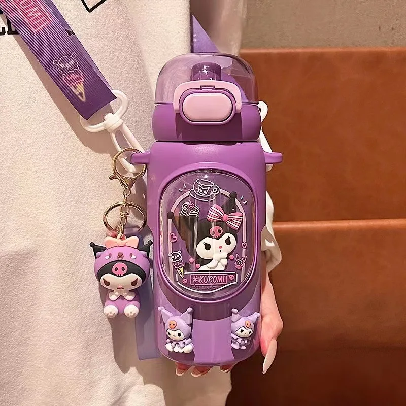 

Sanrio Kuromi Children's Thermos Bottle Girl Student Vacuum Water Cup 316 Stainless Steel Straw Insulated Kettle Shoulder Strap