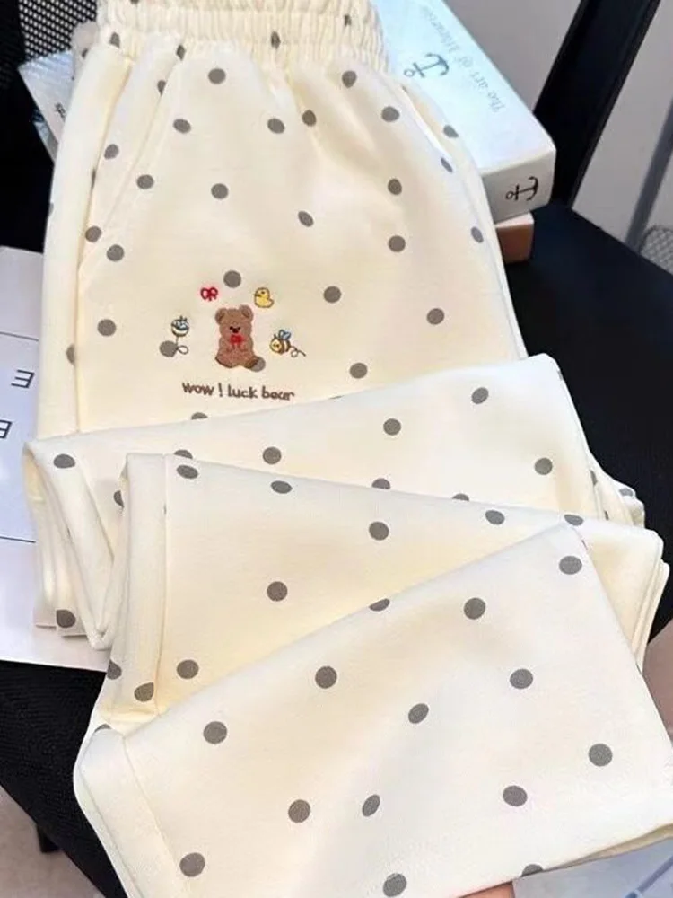 Mode Dot doux jambe large pantalon femmes mignon dessin animé broderie pantalon coréen Chic automne taille haute femme ample pantalon décontracté nouveau