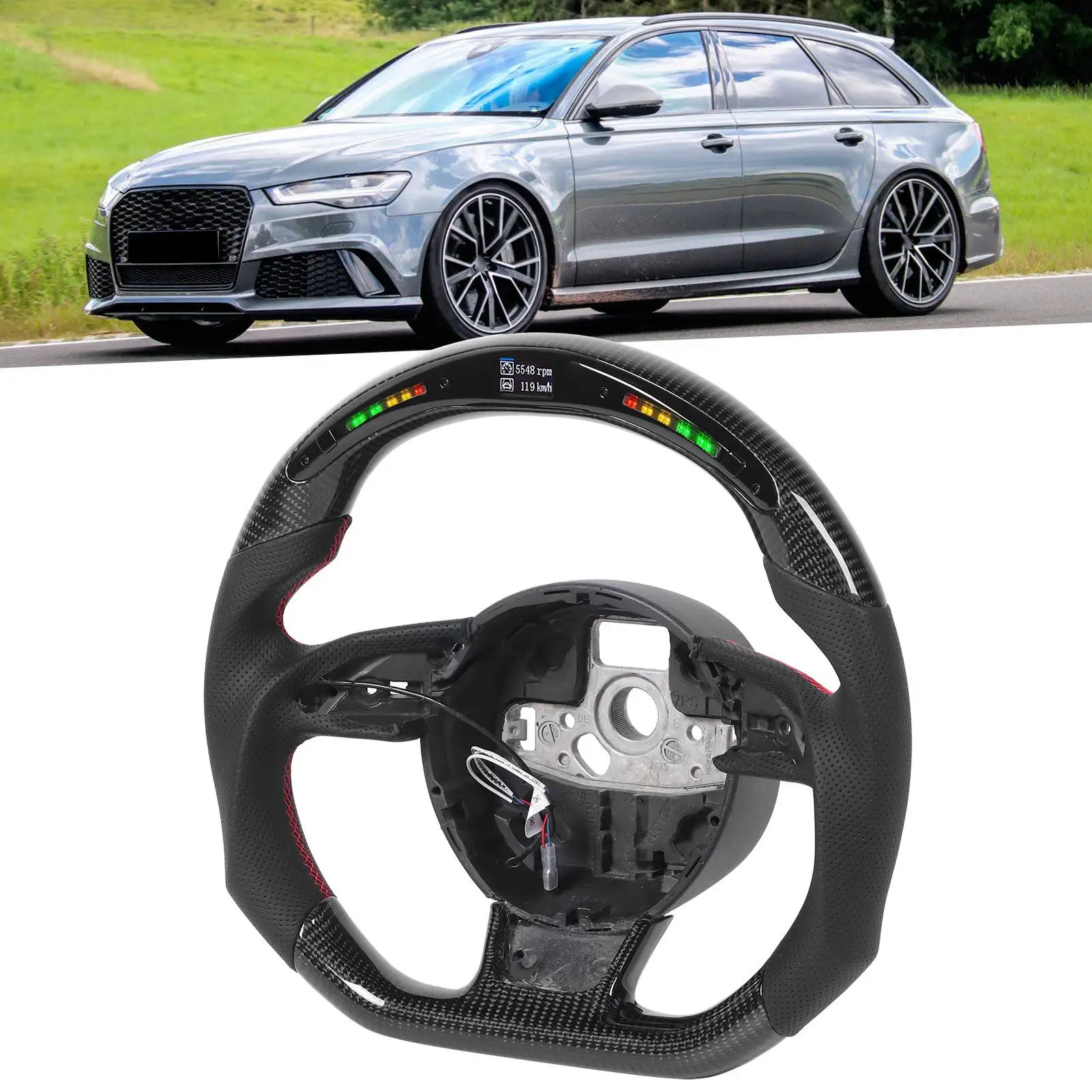 Leather Drifting Wheel Carbon LED Shift Lights Display Steering Wheel Fit for B8.5 RS3 RS4 RS5 RS6 RS7 2013‑2016