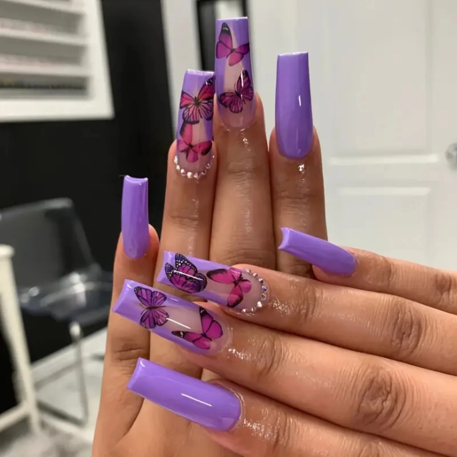 

Gorgeous Purple Butterfly Full Cover Long Coffin Acrylic Fake Nails - Glossy French Manicure Press On False Nail Extension