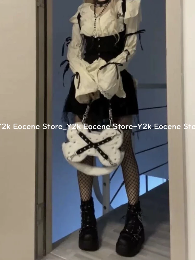 Subculture Vintage Lace Ruffle Trim Bow Tie Backless Blouse Women Slim Fit Long Sleeve Y2k Streetwear Female Trendy Casual Tops