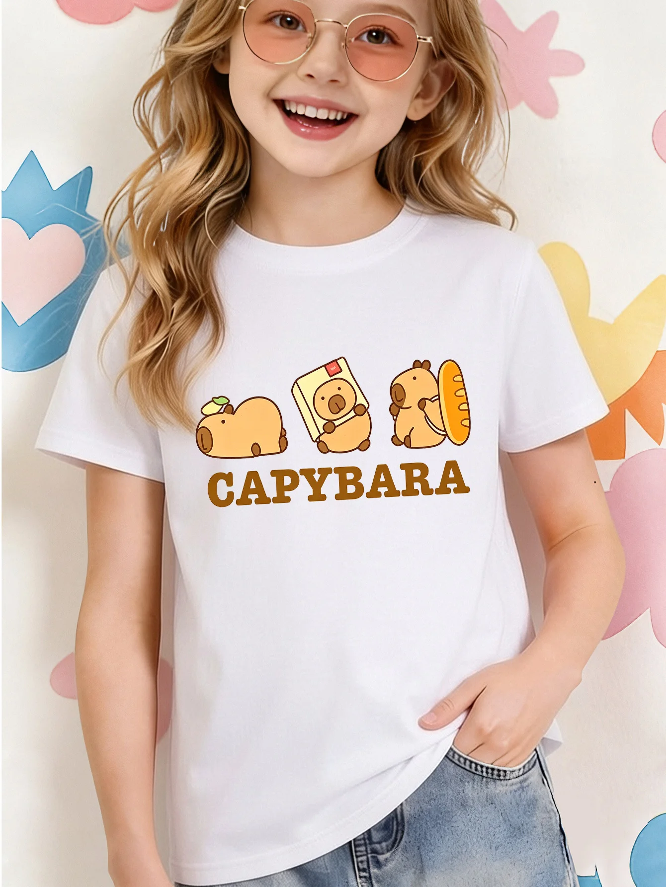 Cute Cartoon Capybara Print Kids T Shirt Boys Girls Short Sleeve Crew Neck Cotton Parent Child Matching Casual Daily Play Tees