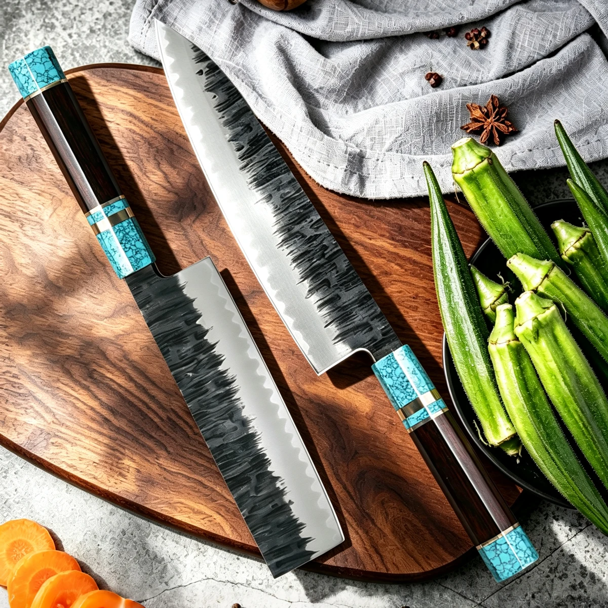 3 Pieces Set Kitchen Knives Handmade Forged 7-Layer Damascus Steel Sharp Chef Knife Santoku Knife Nakiri Knife Turquoise Handle