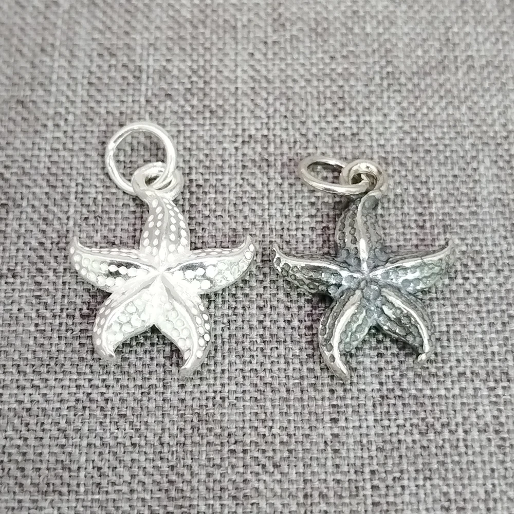 Sterling Silver Starfish Charm 925 Silver Sea Life Animal Pendant 2-Sided for Bracelet Necklace