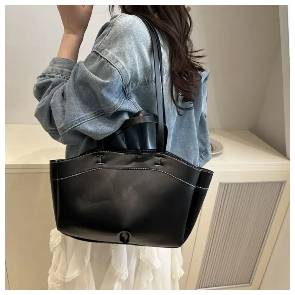 Durable PU Leather Shoulder Handbag Large Capacity Spacious Tote Bag Handheld Solid Color Briefcase Bag Shopping