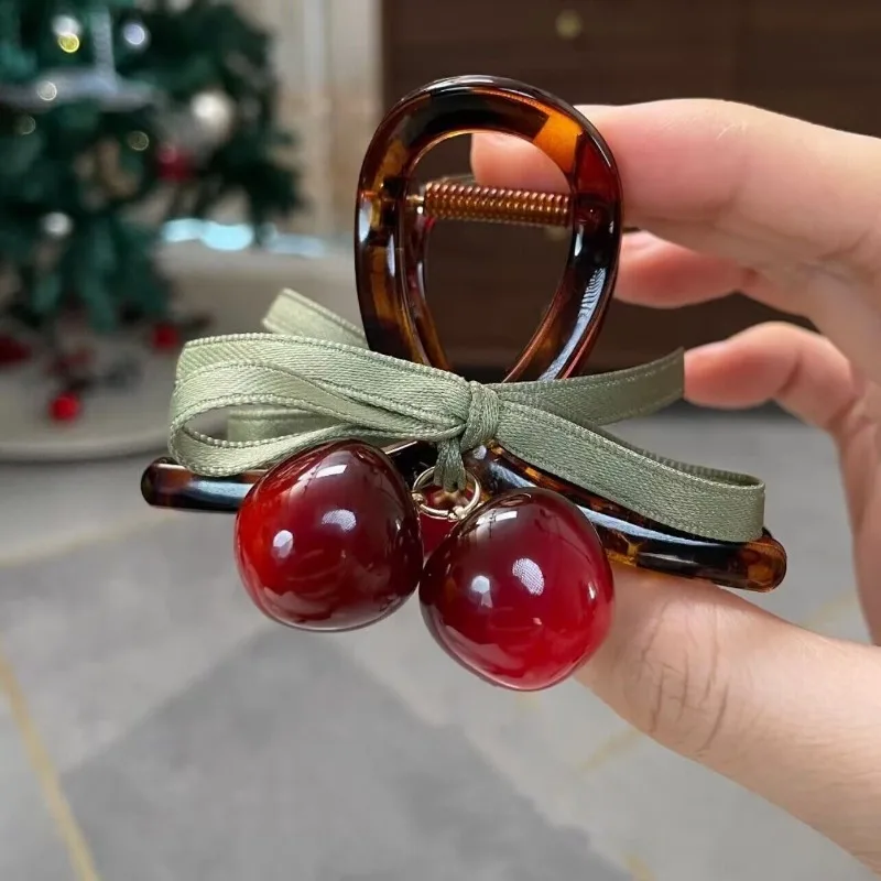 Cute Cherry Hair Claw Clip with Green Ribbon Bow Non Slip Jaw Clip Lovely Daily Hair Accessory for Girls Hairstyle Decoration view 3