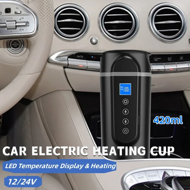 

420ml Car Heating Cup Stainless Steel Water Warmer Mug Car Travel Portable Intelligent LED Display Electric Kettle 12V 24V