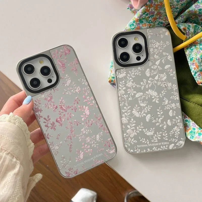 

Korean Museum Flower Electroplated Silver Border Phone Case Cover for IPhone 12 13 14 15 Pro Max Case for IPhone 15 Pro Max