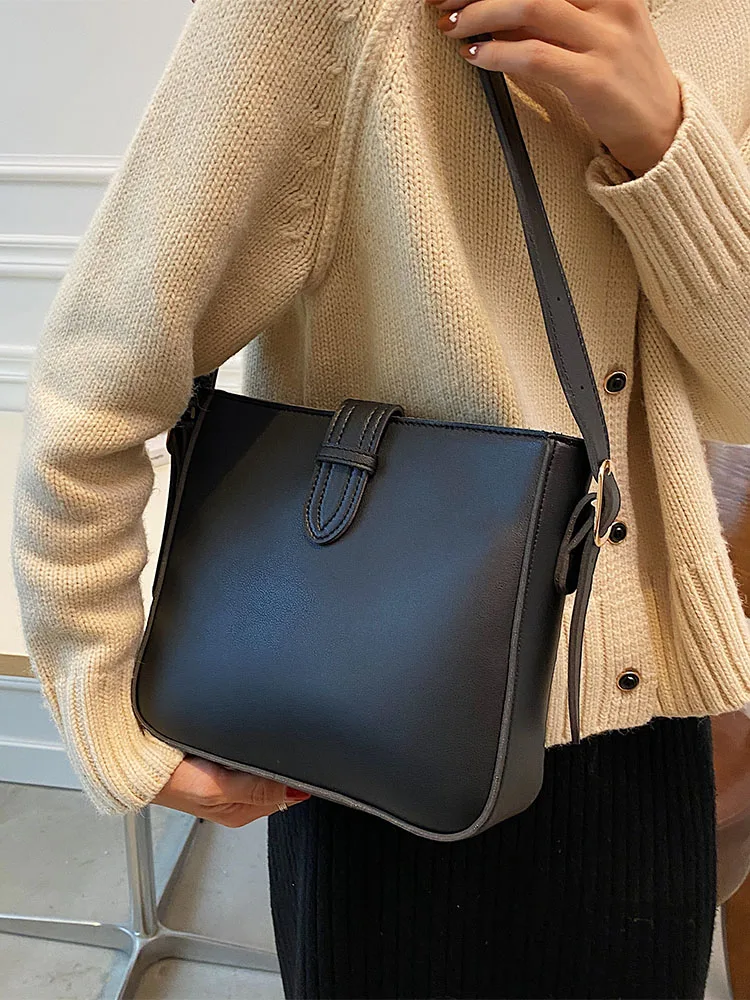 New Elegant Fashion Women Bucket Bag Large Capacity PU Leather All-match Shoulder Bags Ladies Texture Solid Color Handbag