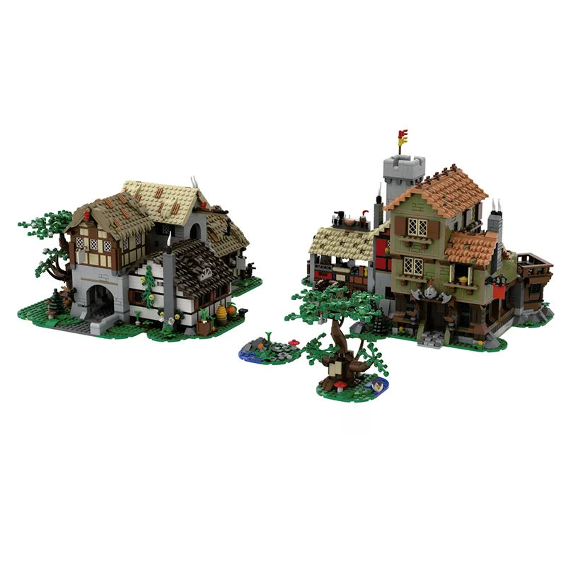 중세 성 모델 Moc 빌딩 벽돌 중세 도시 광장 모델 기술 모듈 형 블록 선물 장난감 DIY 세트 조립