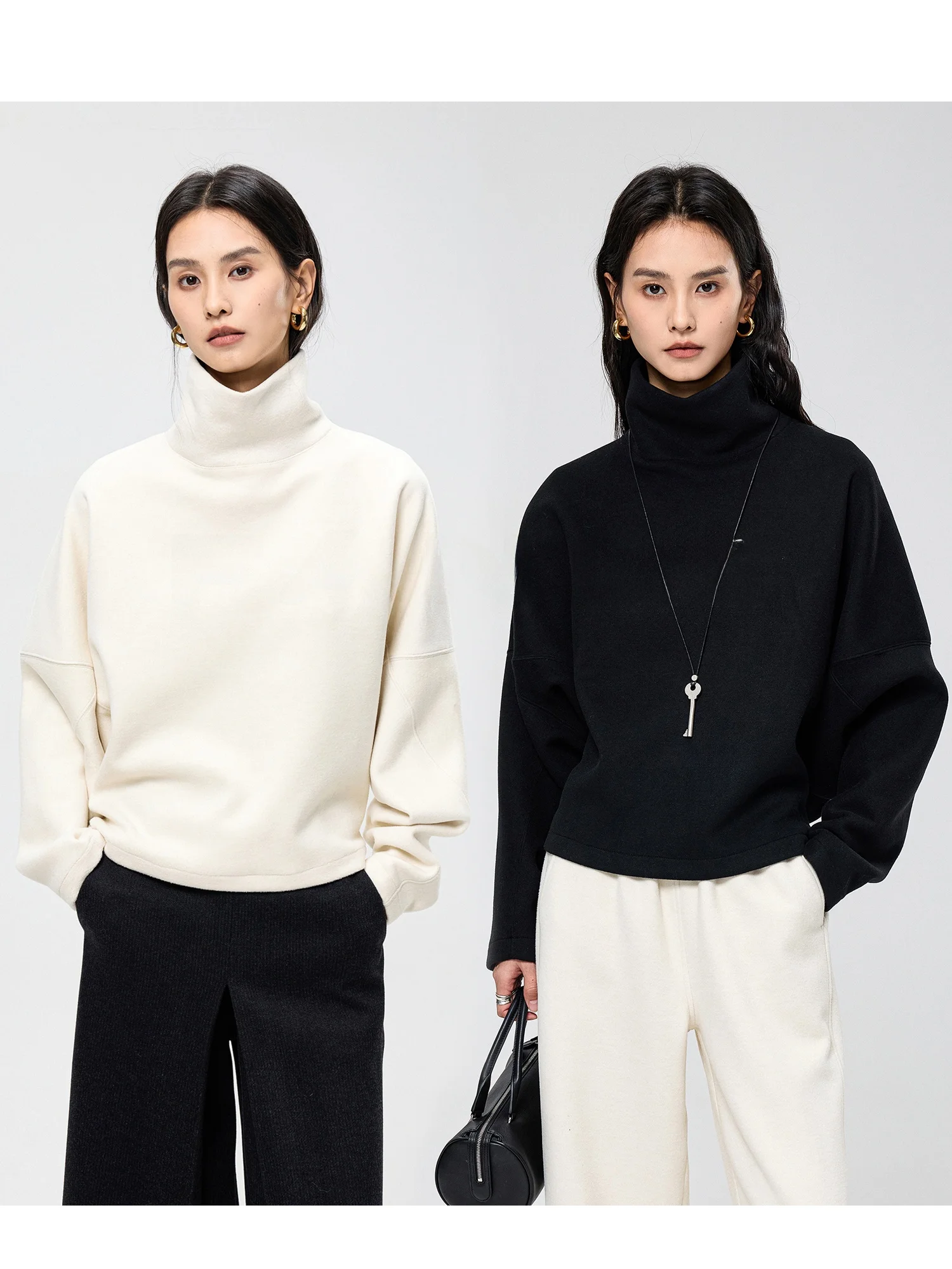 

FANLE STUDIOS Thiened Acetate Wool Fce High Ne Geometric Patchwork Sweatirt T-irt Women's Casual Sle Batwing Sve