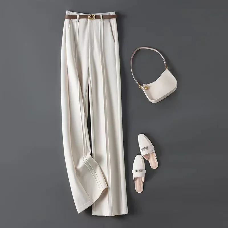 새로운 우아한 여름 넓은 다리 바지 패션 높은 허리 핀 스트라이프 드레이핑 맞는 솔리드 컬러 사무실 레이디 바지 캐주얼 의류