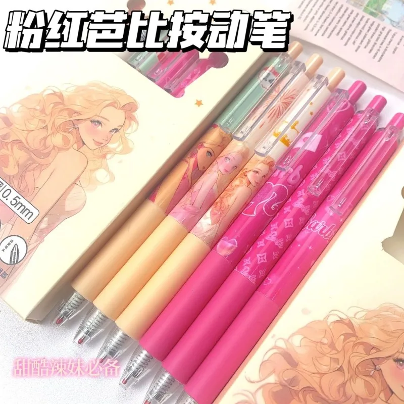 Kawaii 6PCS Gel Ink Pens Pink Barbie Princess Smoothly Writing Pen Cute Funny Cartoon School Stationery Supplies Kids Gift