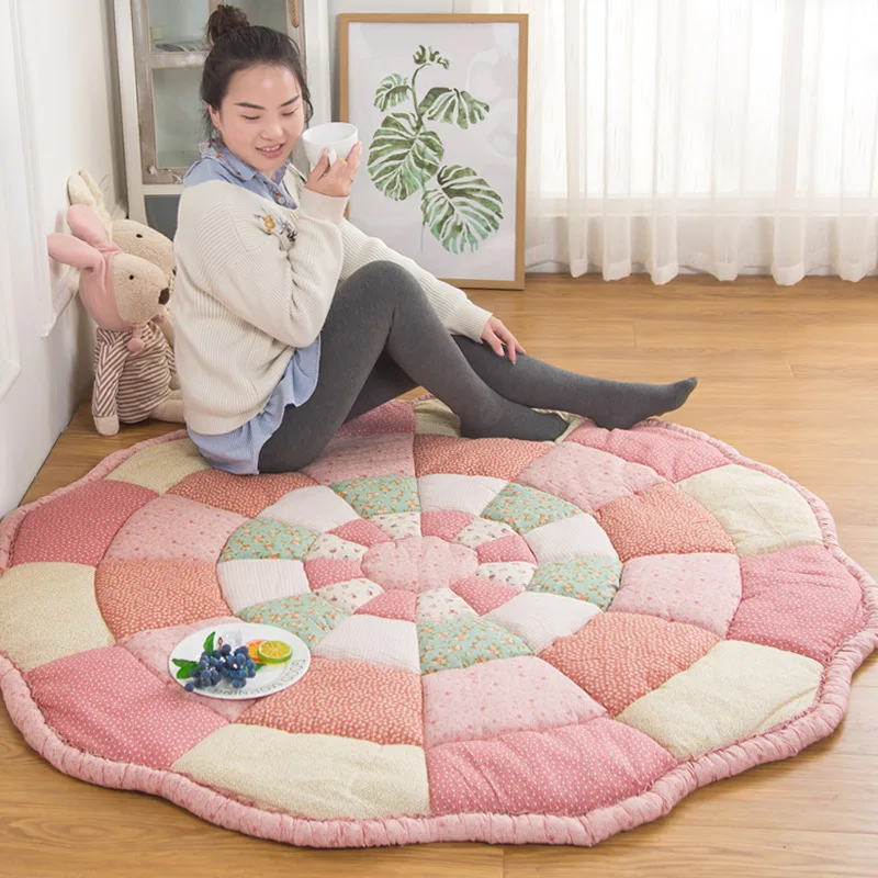 Handmade Patchwork Cotton Quilted Carpets for Living Room, Floral Style, Round Carpet Bedroom, Non-Slip Floor Mat, Bedside Rugs