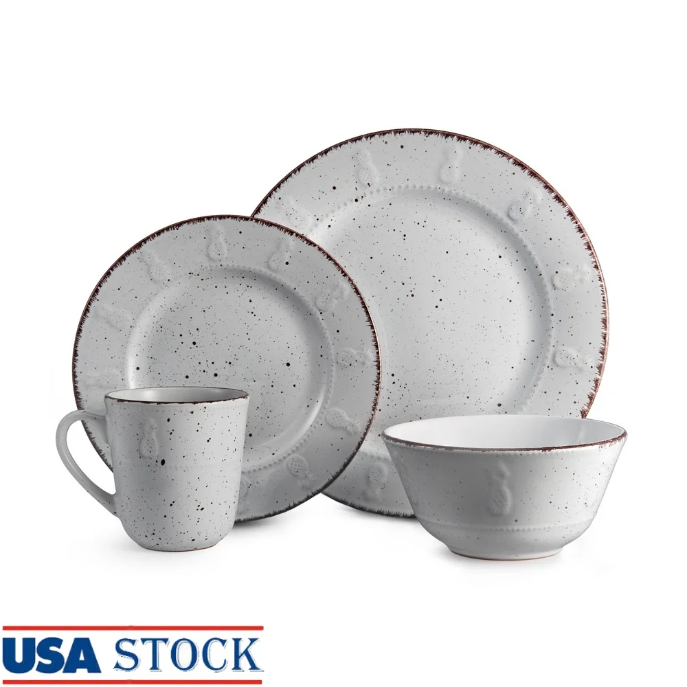 

Modern 16-Piece Stoneware Dinnerware Set with Pineapple Accents Dishwasher Microwave Safe Service Four Stylish Tableware