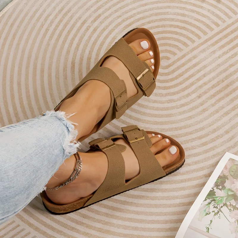 2023 Summer Women\'s Two Buckle Cork Slippers Cow Suede Leather Flats Sandals for Women Retro Fashion Garden Mule Clog Slides