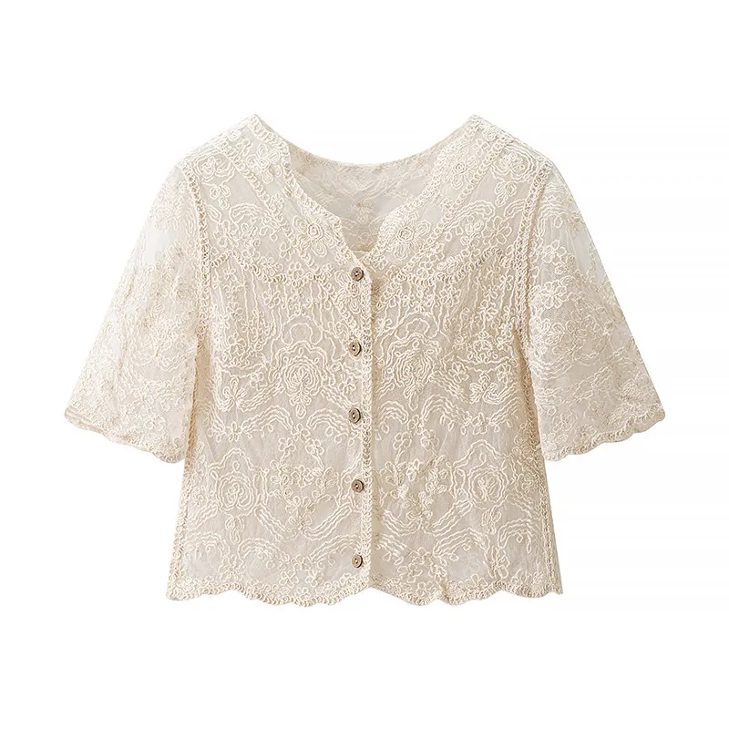 See Through Embroidered Lace Shirts Women Blusas Button-Down Short Sleeve Open Knit Mesh Blouse Crop Tops Summer Boho Chic