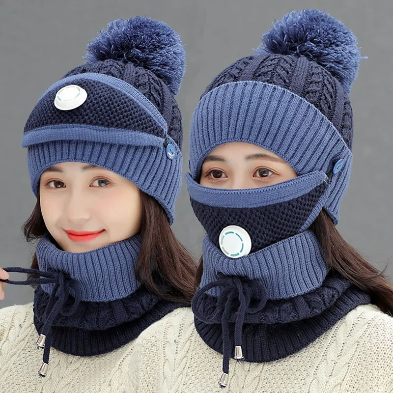 2021 New Fashion 3PCS Womens Winter Scarf Set  with Filter Thickend Knitted Comfortable BreathableHat Scarf Face Cover Outdoor