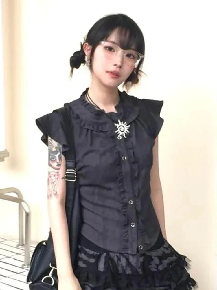 Y2k Rufflesสีดําเสื้อผู้หญิงHarajuku Slimบินแขนเสื้อวินเทจStreetwear Dark Academicฤดูร้อนRetroญี่ปุ่นTops