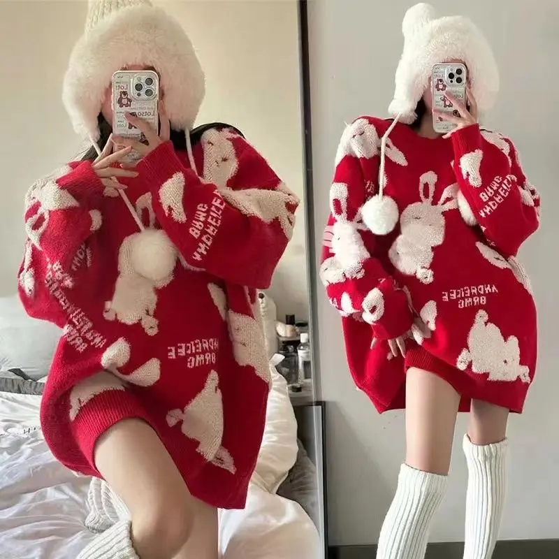 Fashion Cartoon Rabbit Knitted Sweaters Autumn Winter Casual O-Neck Loose Commute Women\'s Clothing Korean Letter Midi Jumpers