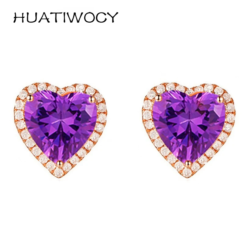 

HUATIWOCY Heart Shape Amethyst Earrings Silver 925 Jewelry Accessories for Women Wedding Party Gift Stud Earring Wholesale