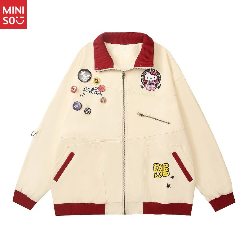 

Miniso 2023 Новая осенняя американская рубашка в стиле ретро с цветными блоками и длинными рукавами с героями мультфильмов, унисекс, универсальная свободная повседневная верхняя одежда