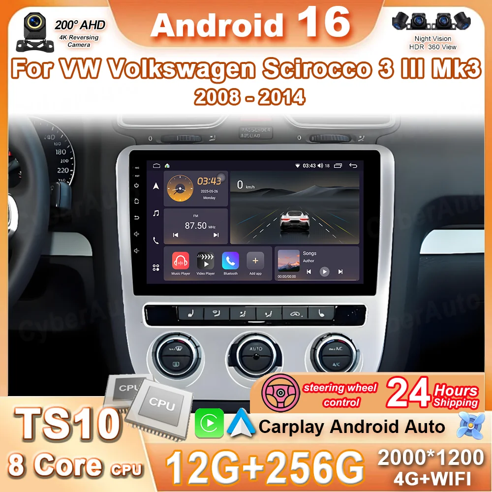 9 Inch Android 16 For VW Volkswagen Scirocco 3 III Mk3 2008 - 2014 8 Core WIFI Bluetooth Auto Navigation System Radio Multimedia