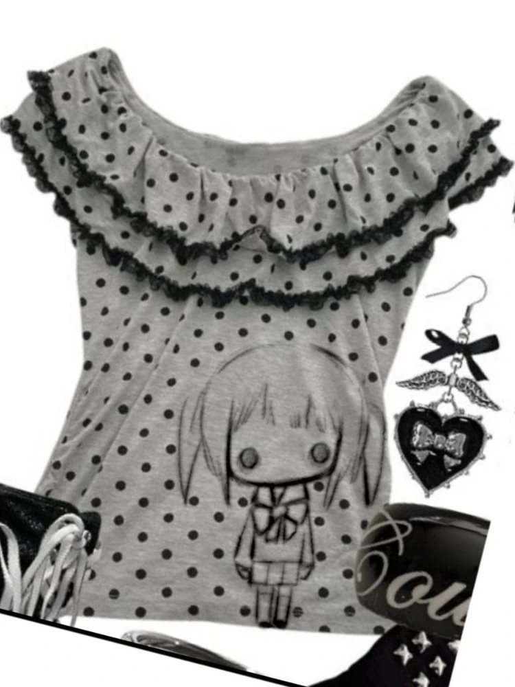 

HOUZHOU Y2k Gray Kawaii Anime Juminocore Women T-Shirts Harajuku Polka Dot Ruffles Short Sleeve Japanese Style Lolita Tees Slim