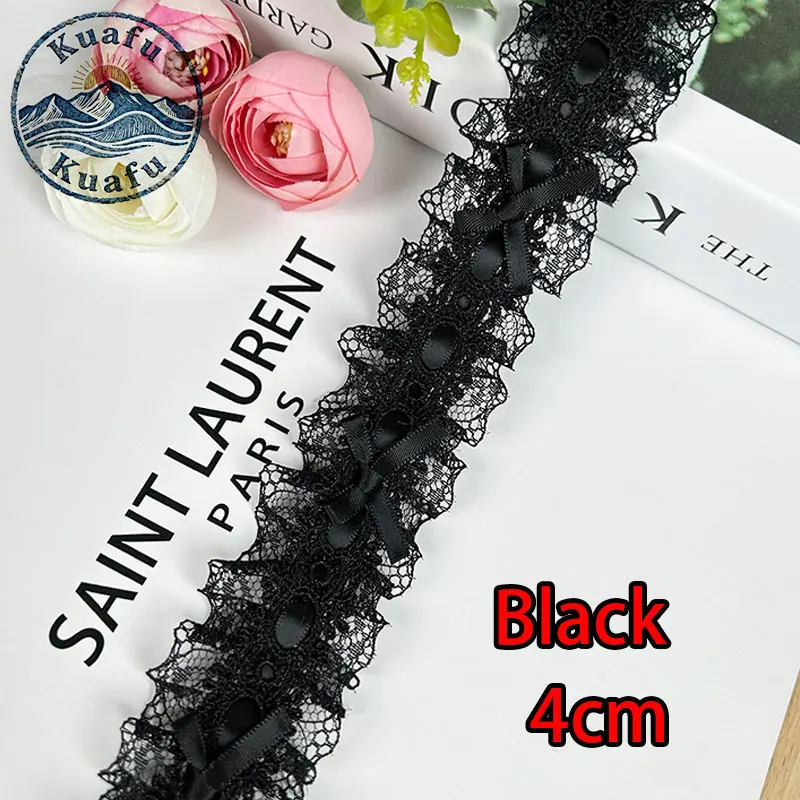 1 Yard Lolita Spitzenband mit Schleife, Plissee-Spitzenstoff, Rüschenband für DIY-Bastelarbeiten, Nähen, Kleider und Kleidungszubehör