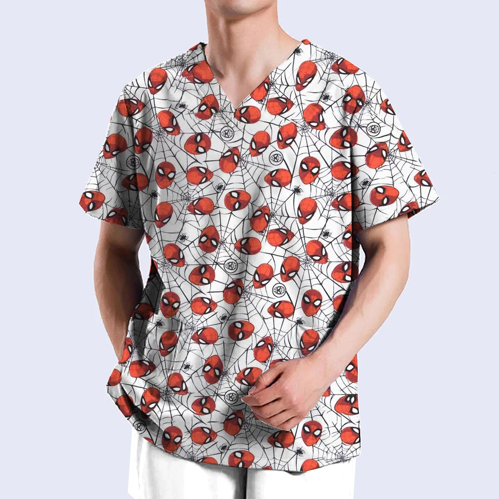 Medical Uniforms Marvel Spider Man Nurse Scrub Tops Dental Hospital Nursing Shirts Cartoon V-neck Blouse Mens Clinical Scrubs