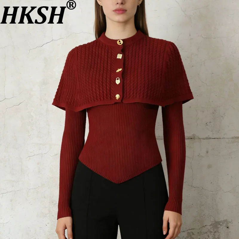 

Женский вязаный свитер HKSH с длинными рукавами, V-образным вырезом, приталенный, однотонный, с металлическими пуговицами, накидка-шаль, новинка Весна 2026 HK19363