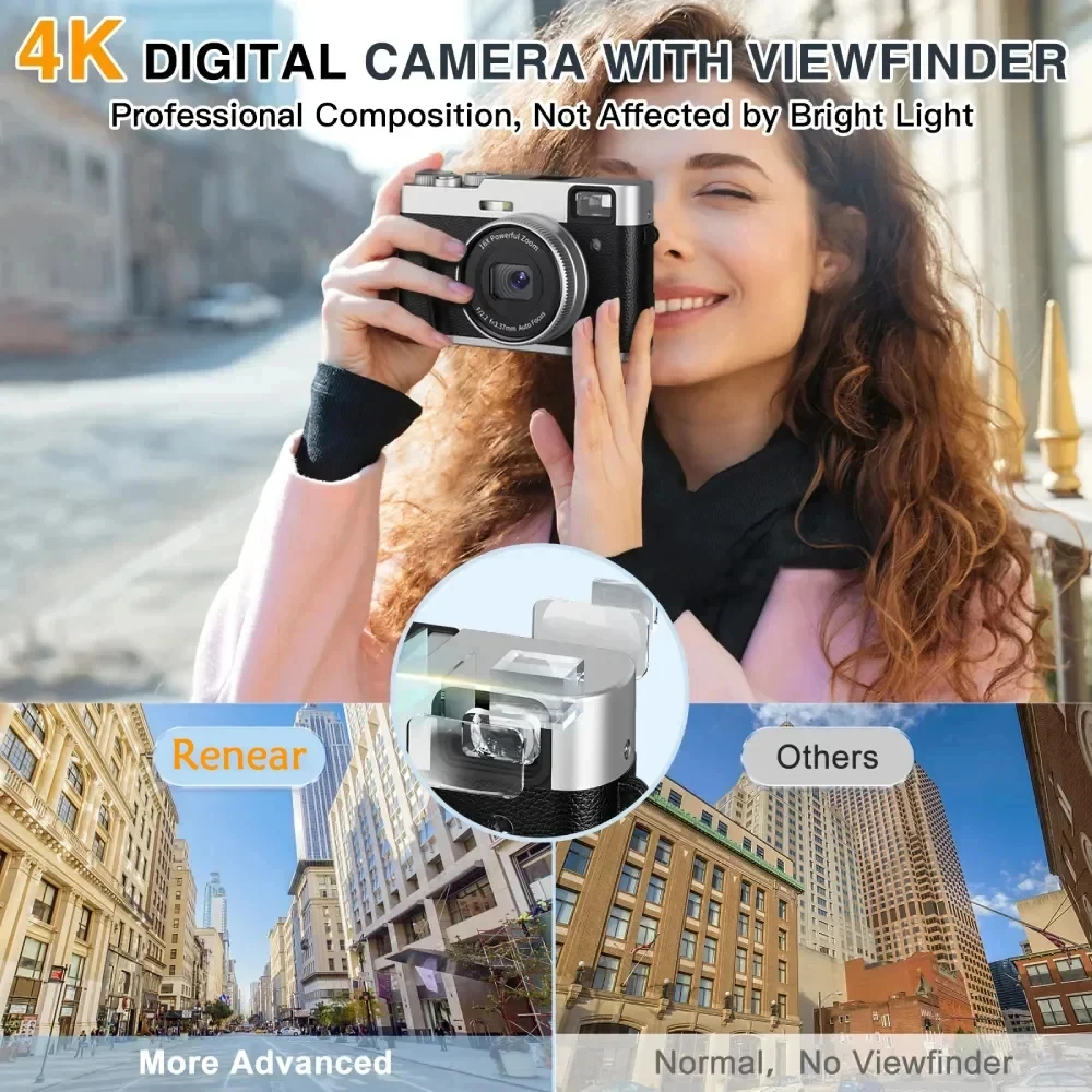 Cámara digital para YouTube y cámara de vídeo antivibración Cámara Vlogging con enfoque automático 4K 48MP con visor Flash para fotografía