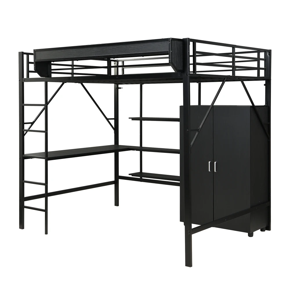 PINGGO Eisen-Hochbett mit Schreibtisch, Doppelstauraum, Kleiderschrank, Eisen-MDF, Schwarz, 140x200cm, ohne Matratze – Detail 13