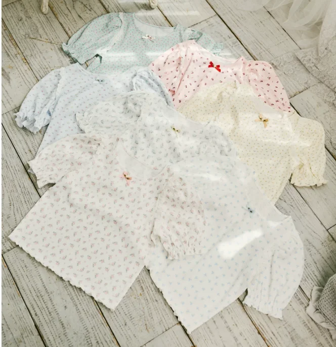 Japanese Retro Color Matching Bubble Short Sleeved Tshirt Top Summer Sweet Lace Bow Crew Neck Floral Loose Casual T Shirt Women