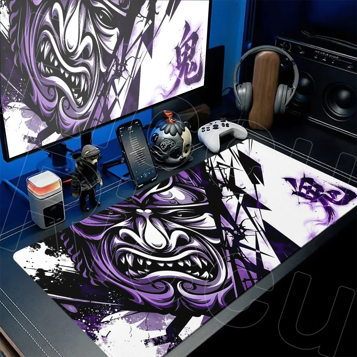 Schwarz-Weißes Japanisches Samurai-Oni-Mauspad, XXL-Computer-Schreibtischunterlage, Rutschfeste Gummi-Gamer-Tastaturunterlage, Waschbare Büro-Langtischmatte – Detail 14