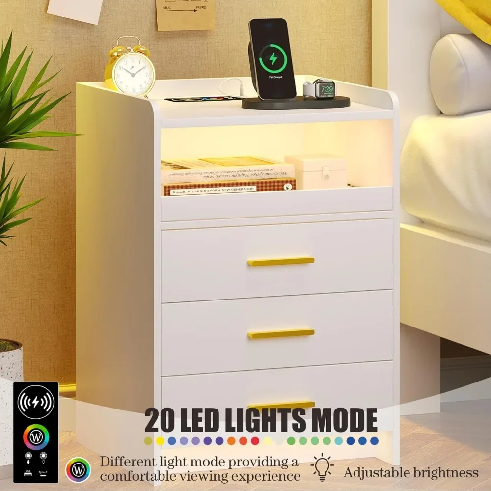 Bedroom Bedside Table LED Modern Bedside Table With RGB Light and Occupancy Sensor Design Living Room Office 3 Drawers Furniture