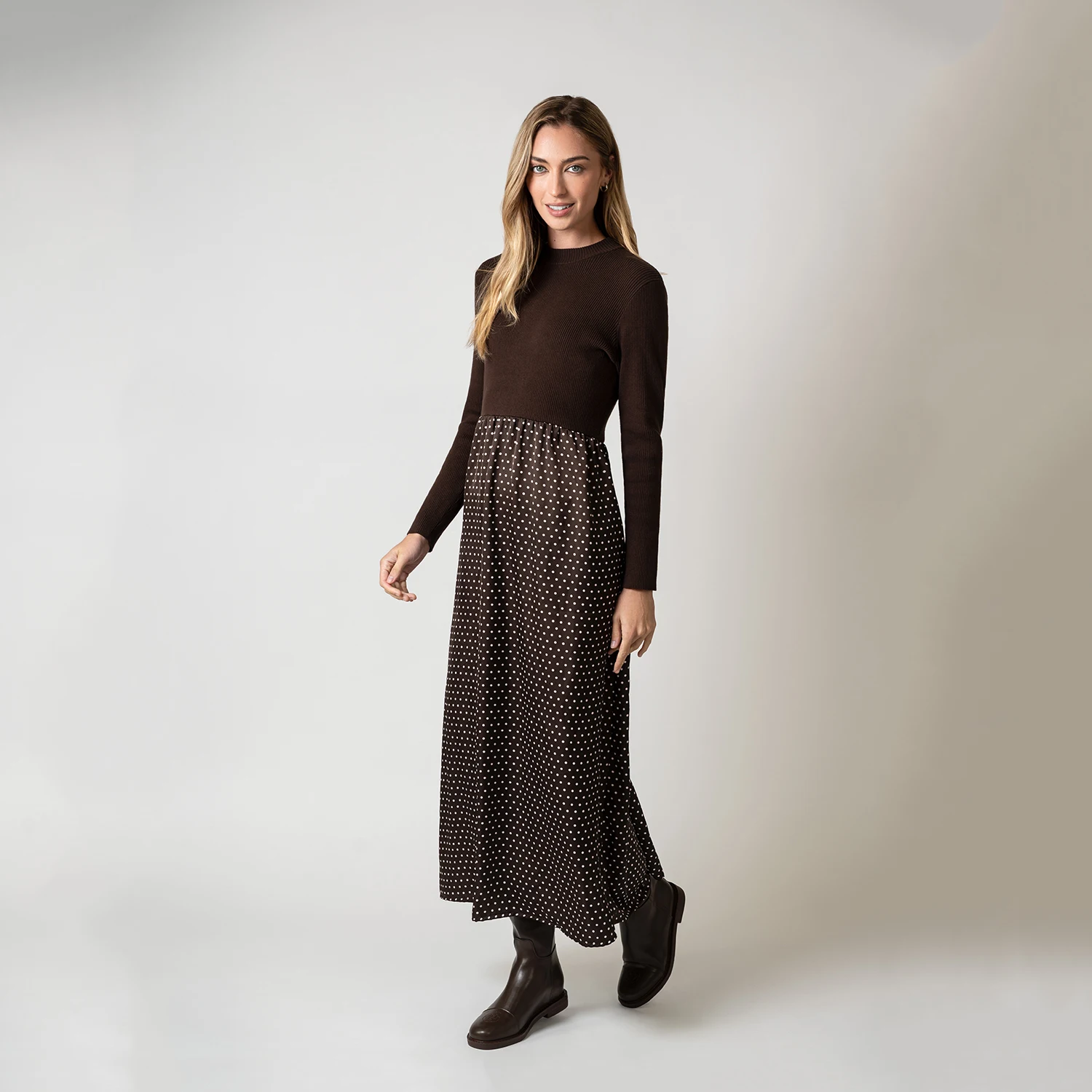 AP AW26 Women Knitting and Polka Dots Satin Skirt Patchwork Dress