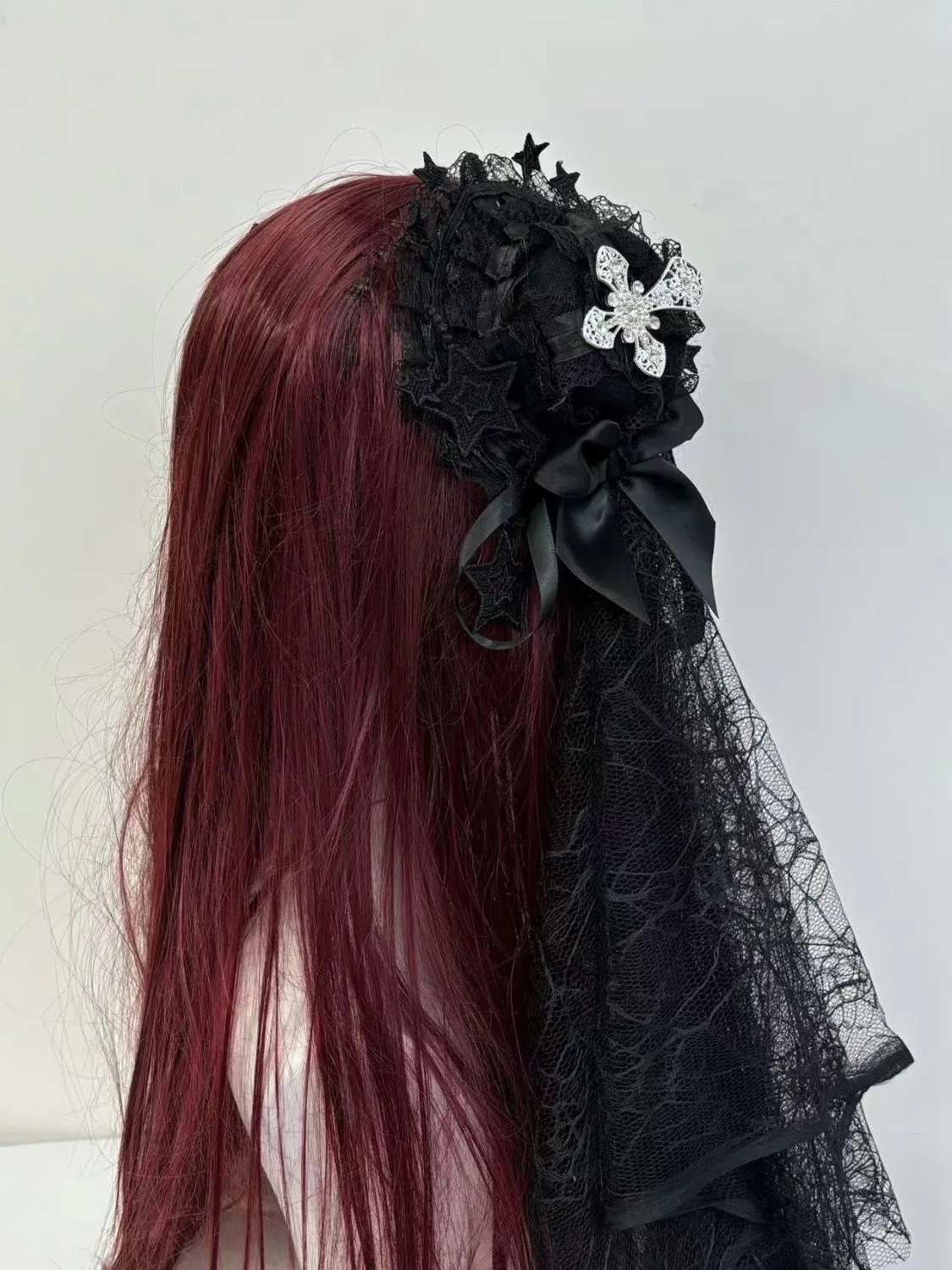 블랙 베일 팰리스 스타일 로리타 헤어 액세서리, 미니 탑 모자, 펑크 고딕 소녀, 수제 레이디 머리 장식