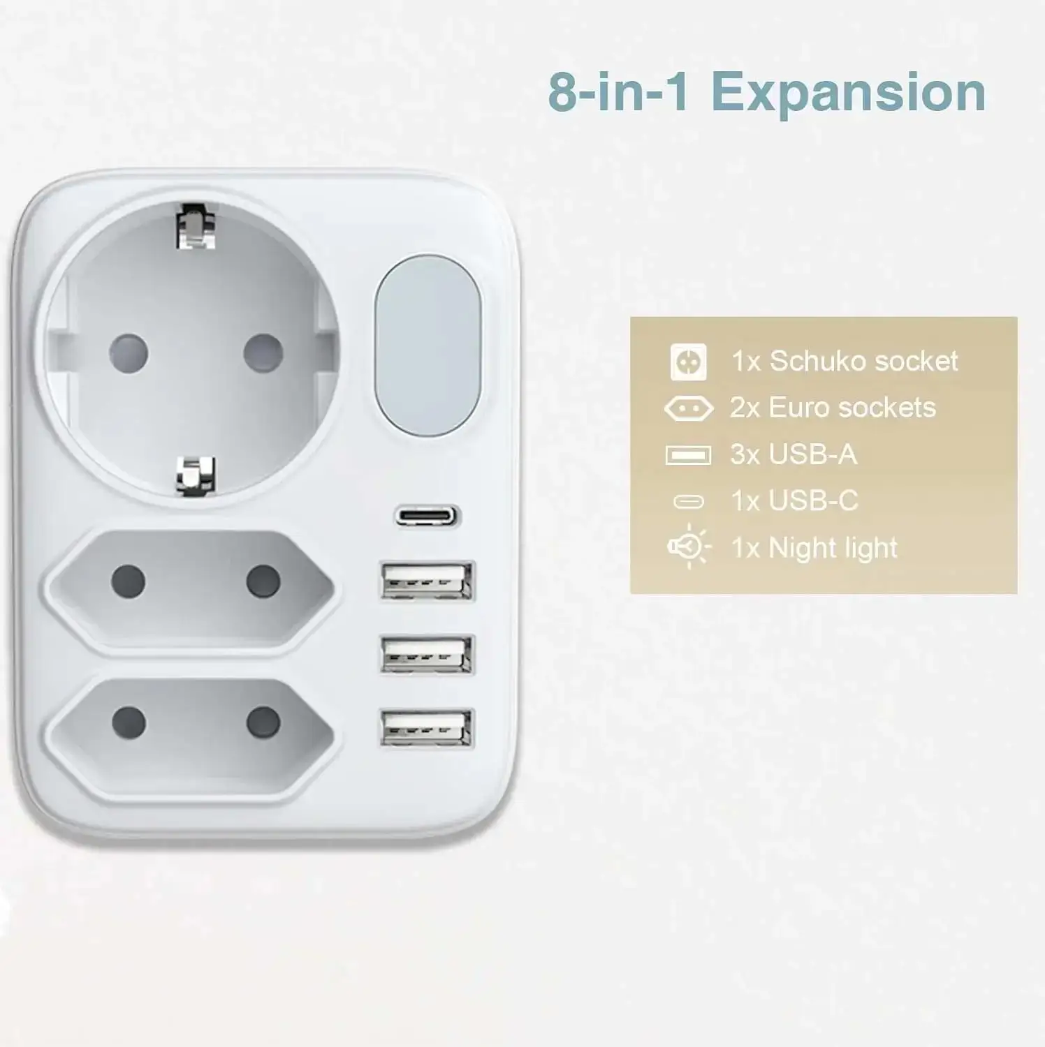 3500W European standard night light wall socket extender with 3 USB A+Type C charging 3 AC outlets Child protection function