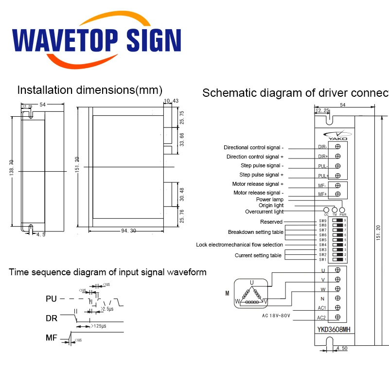 WaveTopSign YAKO Stepper Motor Driver YKD3608MH 3Phase 18-80VAC 5.9A 350Hz Match Motor 57~86mm For Co2 Laser Cutter Engraver