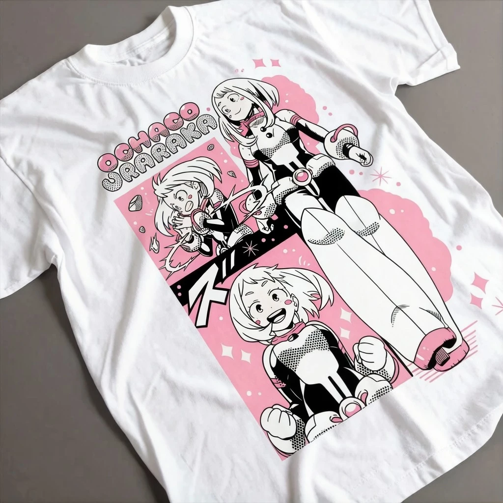 Japanese Anime My Hero Academia Ochaco Uraraka Graphics Unisex 100%cotton Tshirt Harajuku 2026 Summer Men's Short Sleeve Shirt