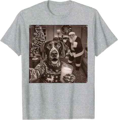 Christmas German Shorthaired Pointer Selfie Santa Design T Shirt Y2k Dog Dad Xmas Costume Graphic Apparel Cotton Aesthetic Tees