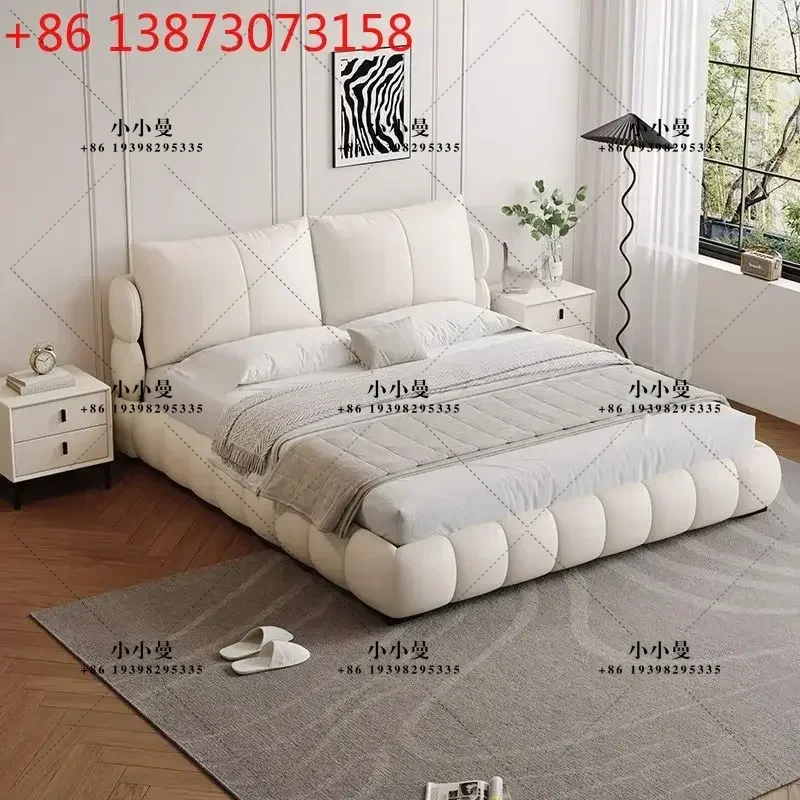 Cream wind leather French double high PC and console game sleeper puff bed. M small apartment storage bed
