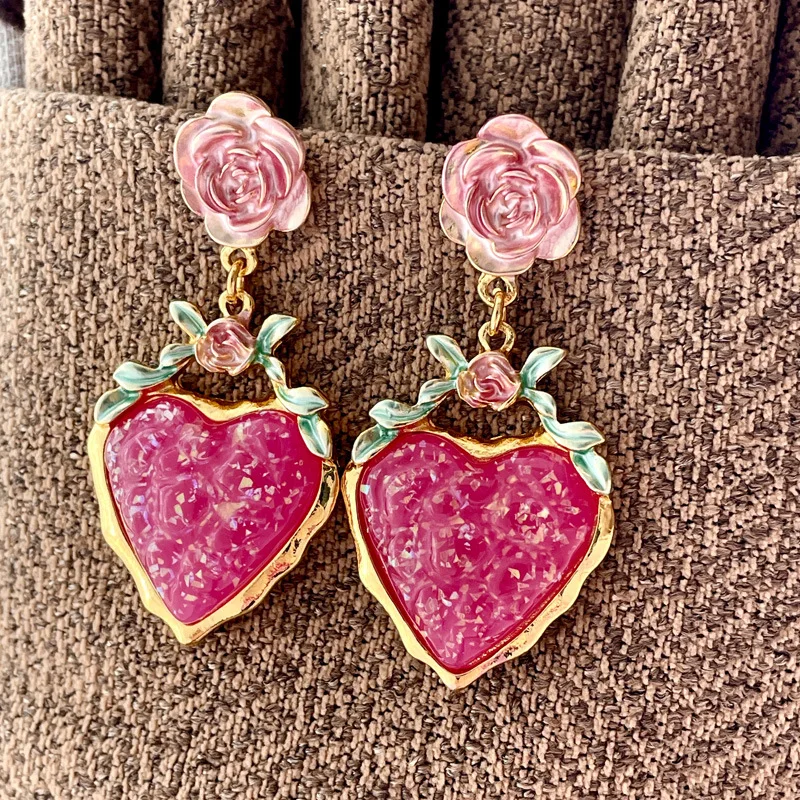 

Pink Rose Earrings Vintage Love Eardrop Mermaid Maiden Flower Studs Women's Jewelry